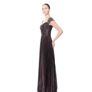 Metallic formal gown crystal sleeves sweetheart