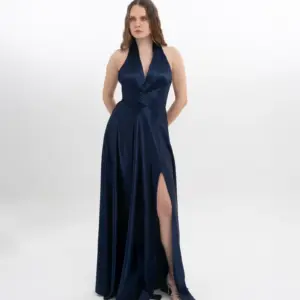 Metallic gown halter neck pleated detail