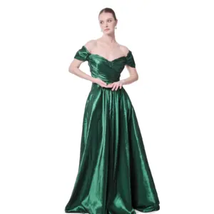 Metallic off shoulder evening gown with pleated A-line skirt