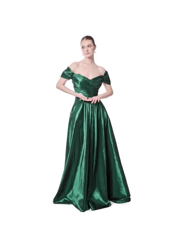 Green Off Shoulder Evening Gown Gathered Sleeves