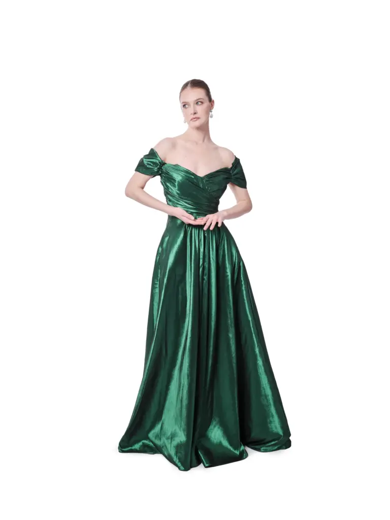 Metallic off shoulder evening gown with pleated A-line skirt