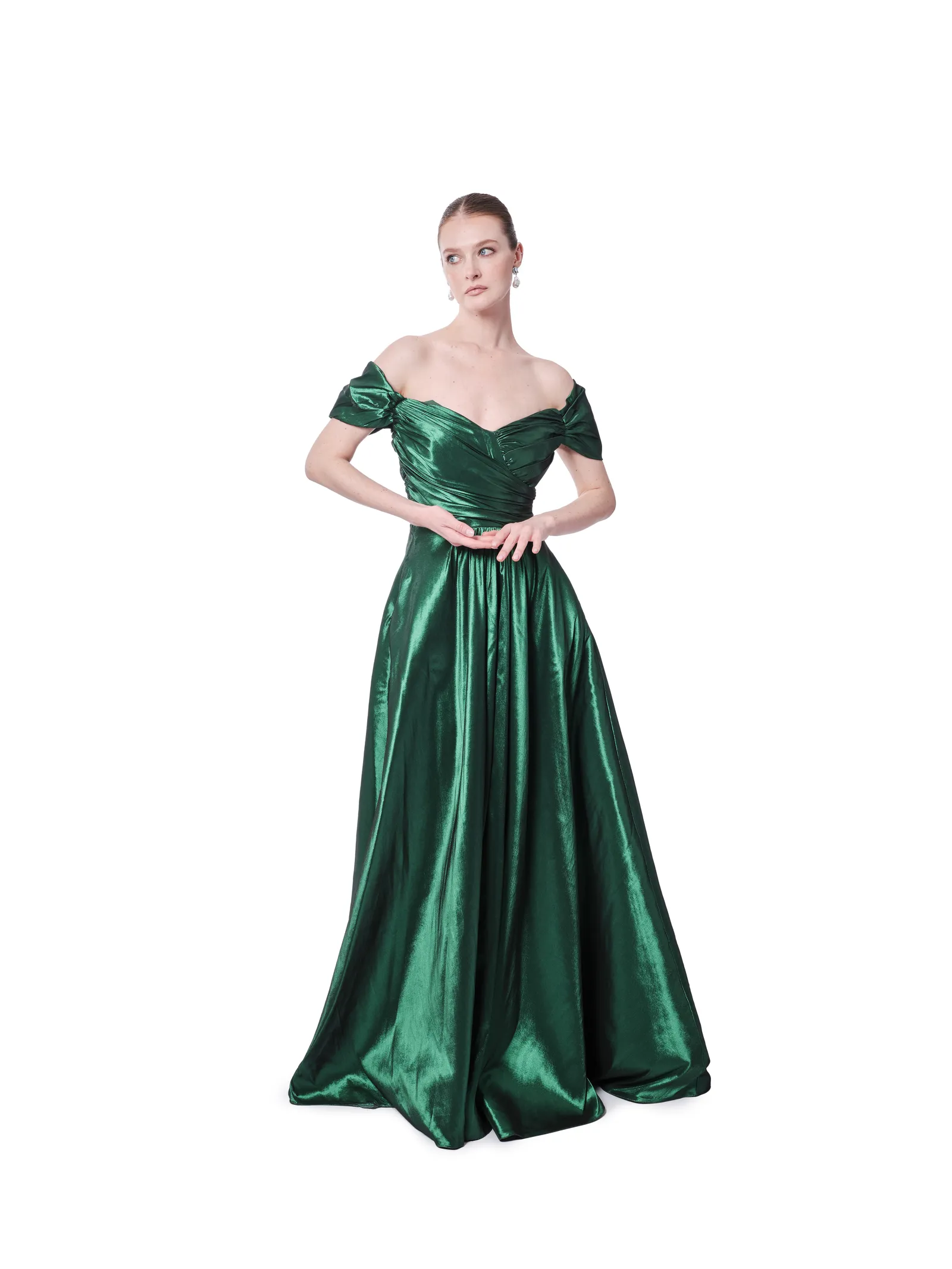 Metallic off shoulder evening gown with pleated A-line skirt