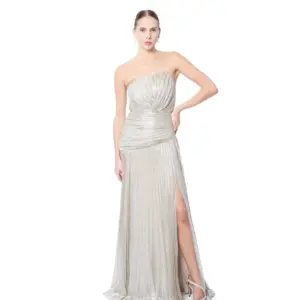Metallic strapless pleated evening gown with draped waist