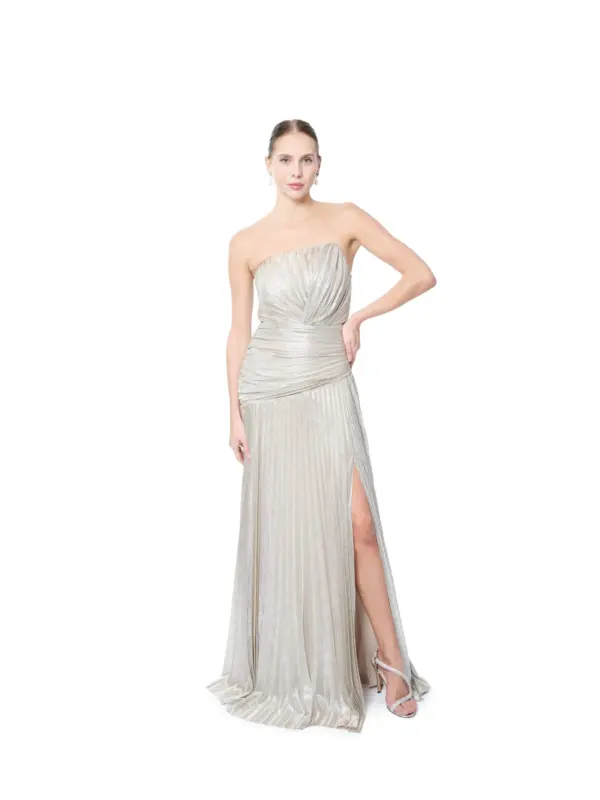 Champagne Metallic Evening Gown Pleated High Slit