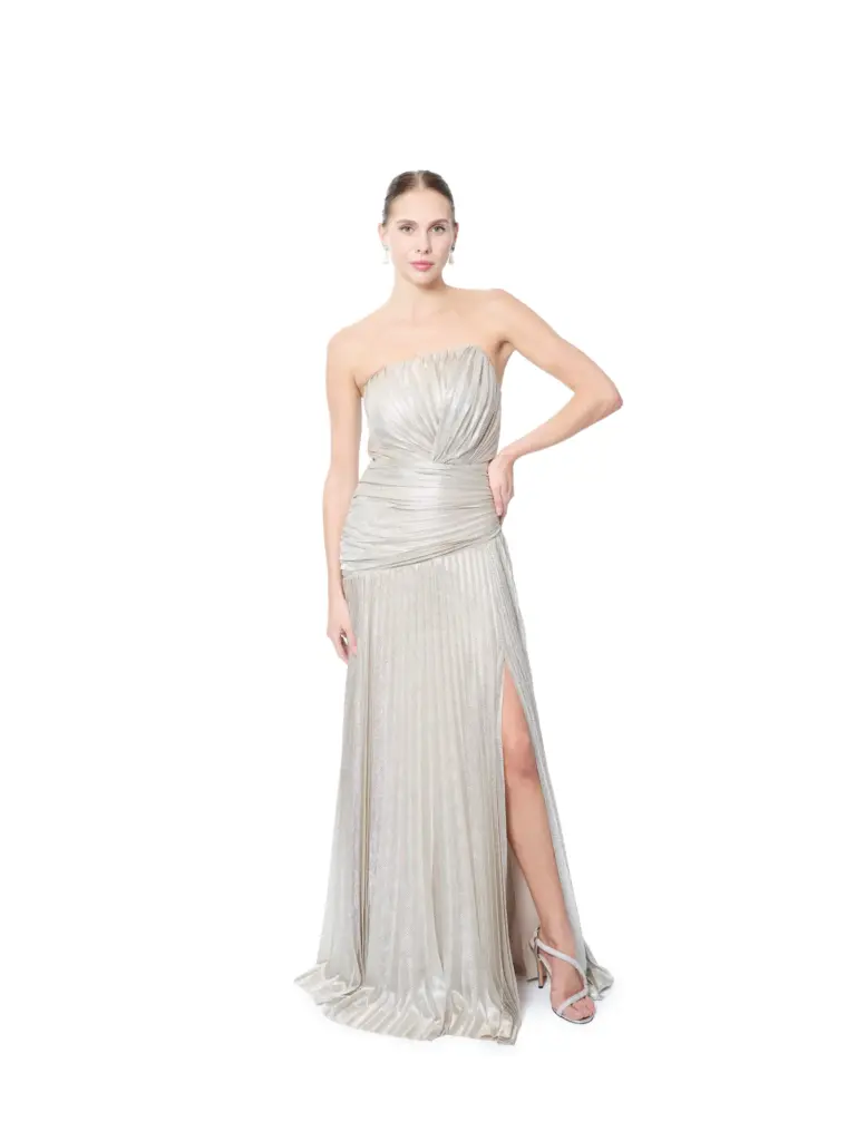 Metallic strapless pleated evening gown with draped waist