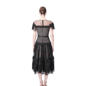 Midi cocktail dress lace off shoulder sheer