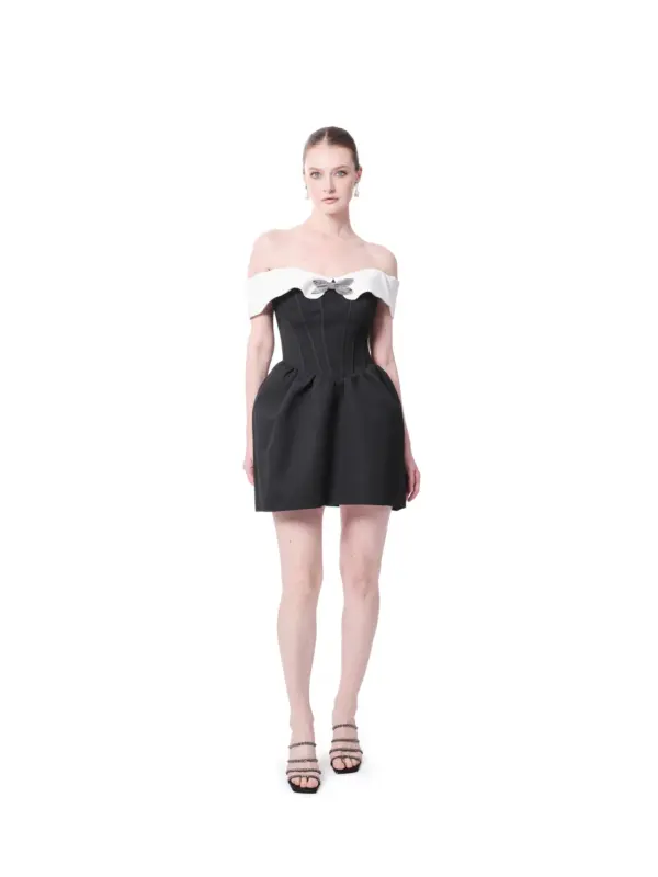 Black Off Shoulder Cocktail Dress White Bow Collar