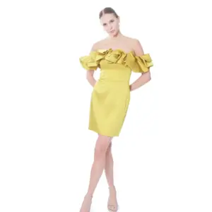 Off shoulder cocktail dress satin with ruffle detail fitted