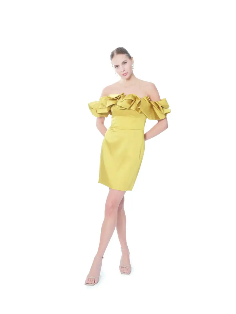 Off shoulder cocktail dress satin with ruffle detail fitted