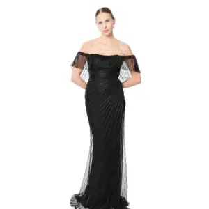 Off shoulder dress sheer overlay pleated back