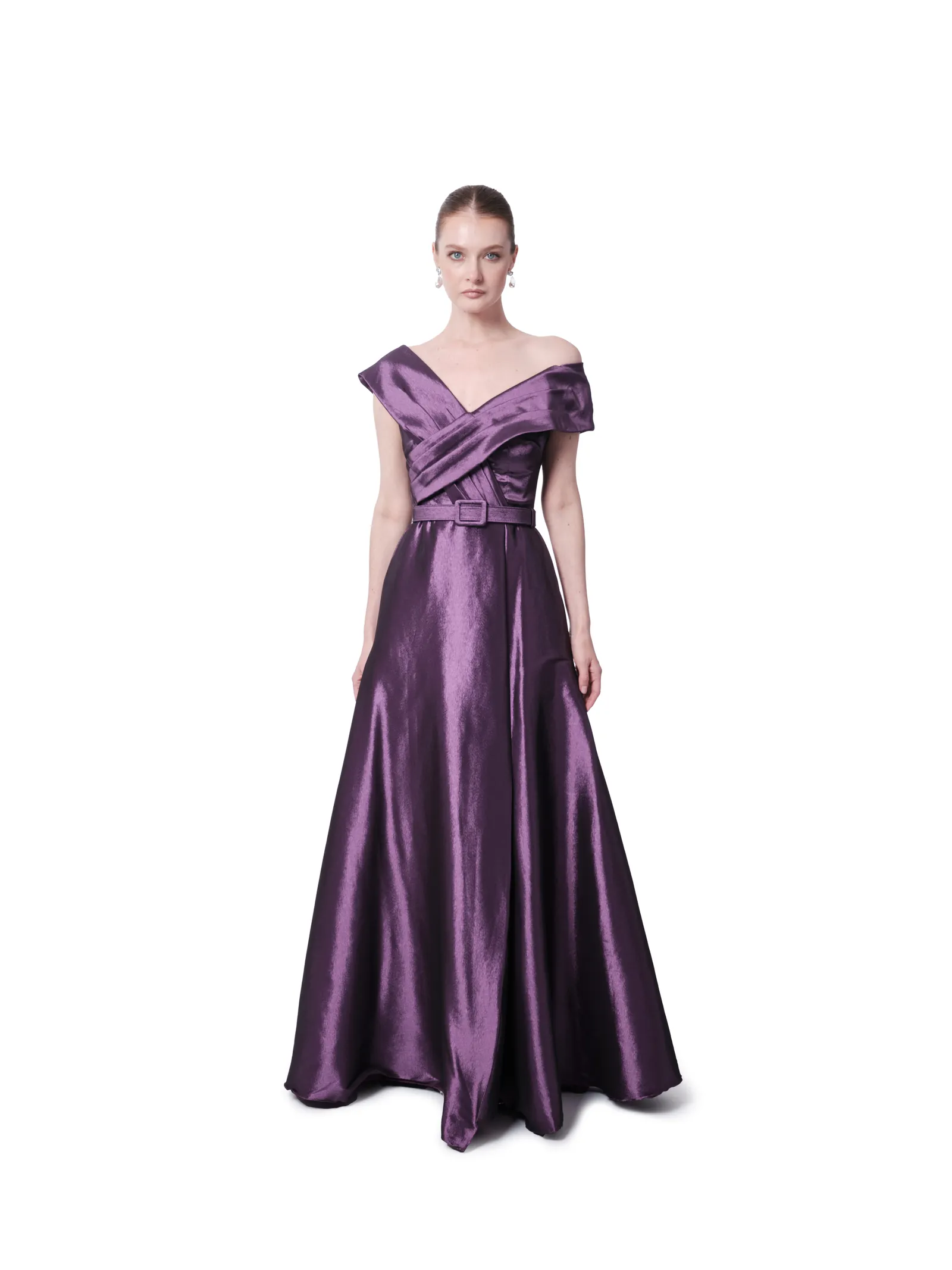 Off shoulder dress wrap bodice belt detail