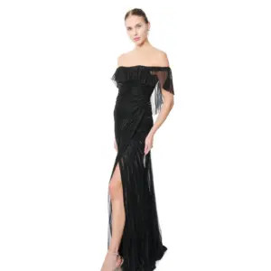 Off shoulder evening dress pleated sheer detail