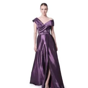 Off shoulder long evening dress with wrap bodice and belt