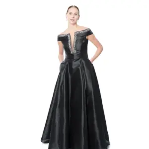 Off shoulder evening gown satin with beaded V-neck and pockets