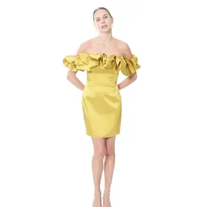 Off shoulder formal dress satin ruffle back