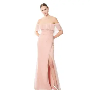 Off shoulder formal dress sheer overlay pleated