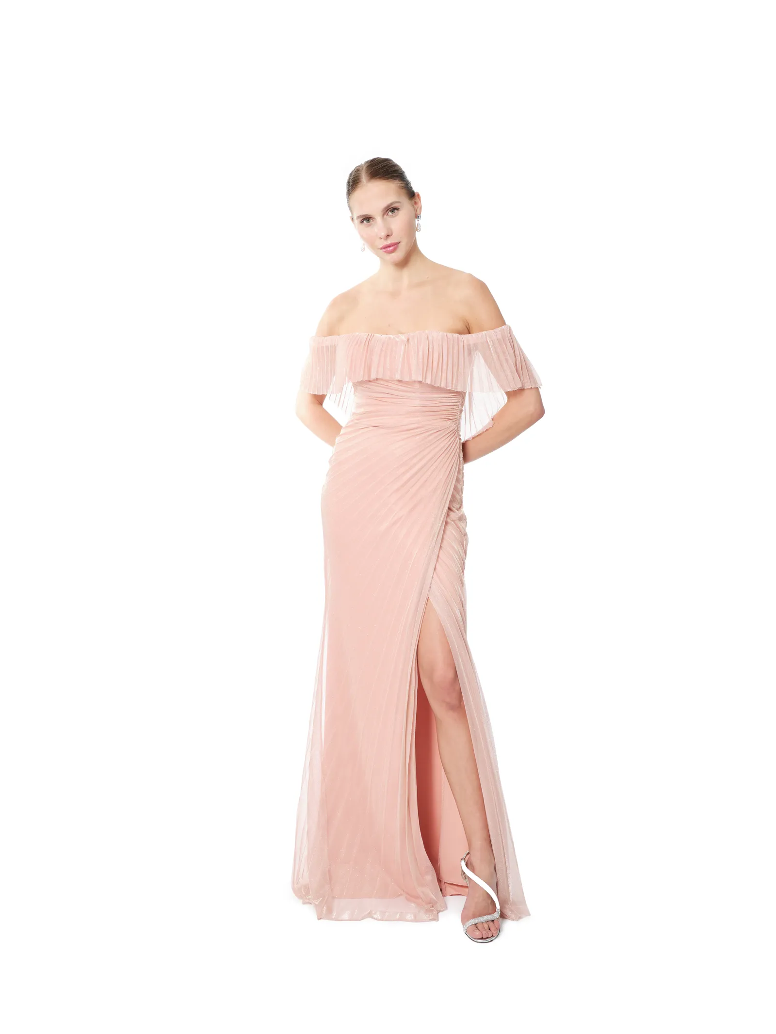 Off shoulder formal dress sheer overlay pleated
