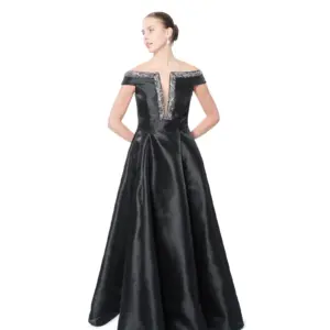 Off shoulder formal gown satin with pockets