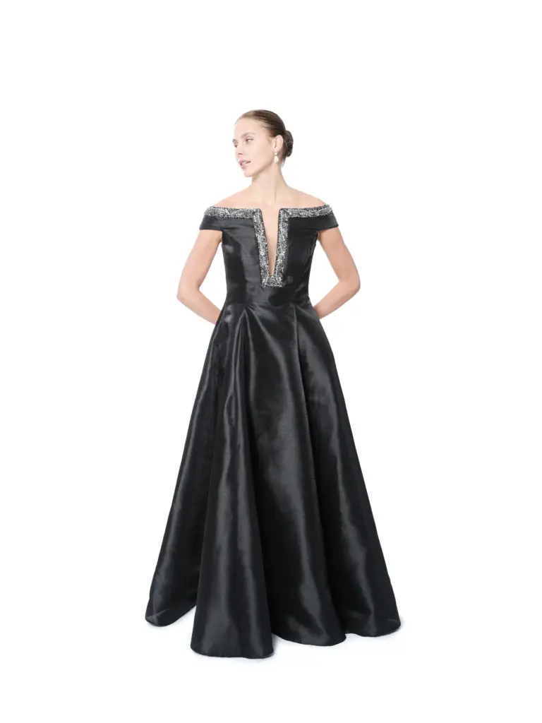 Off shoulder formal gown satin with pockets
