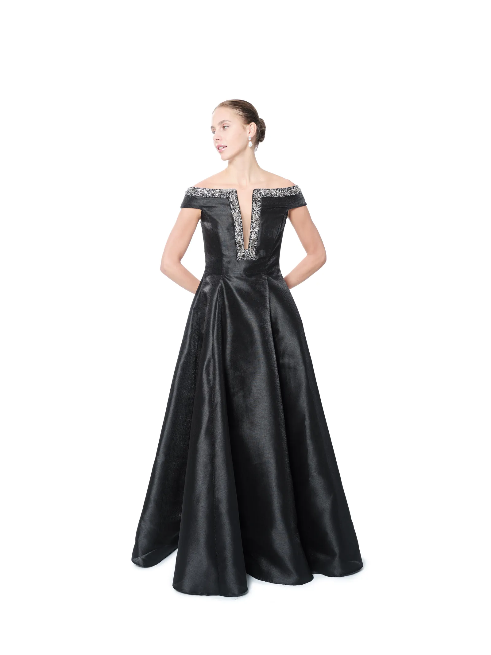 Off shoulder formal gown satin with pockets