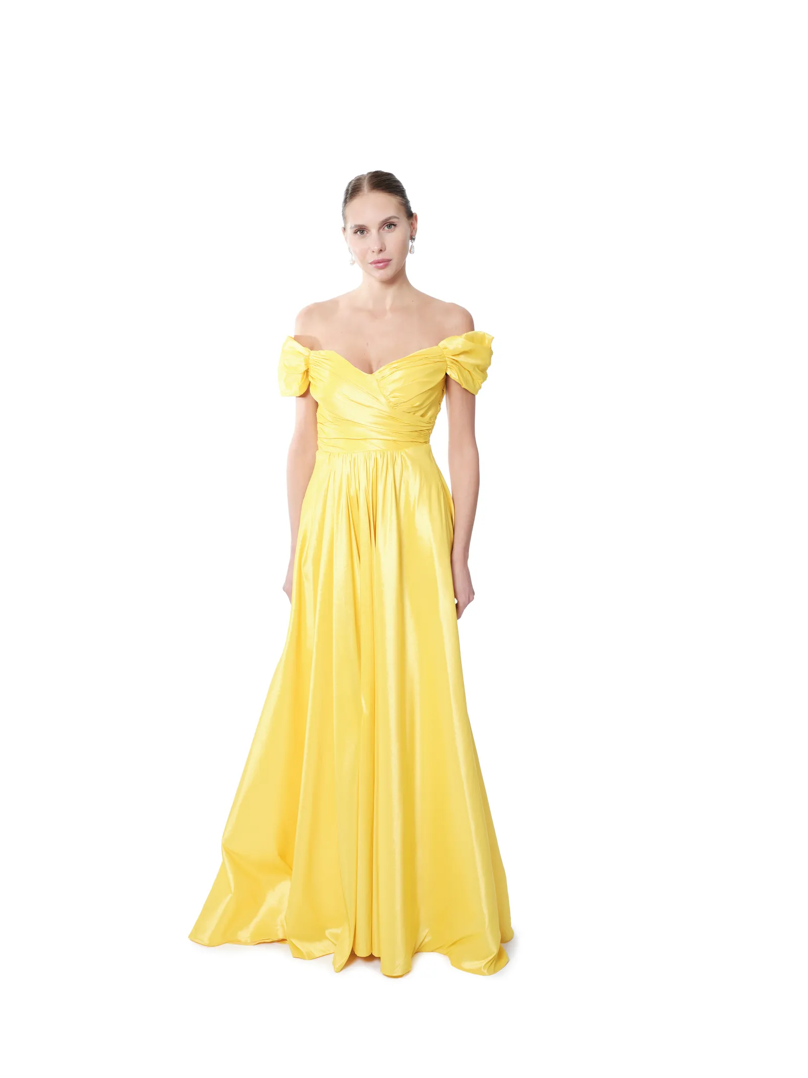 Off shoulder gown metallic pleated formal