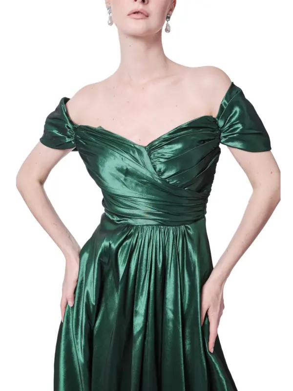 Off shoulder metallic gown A-line pleated
