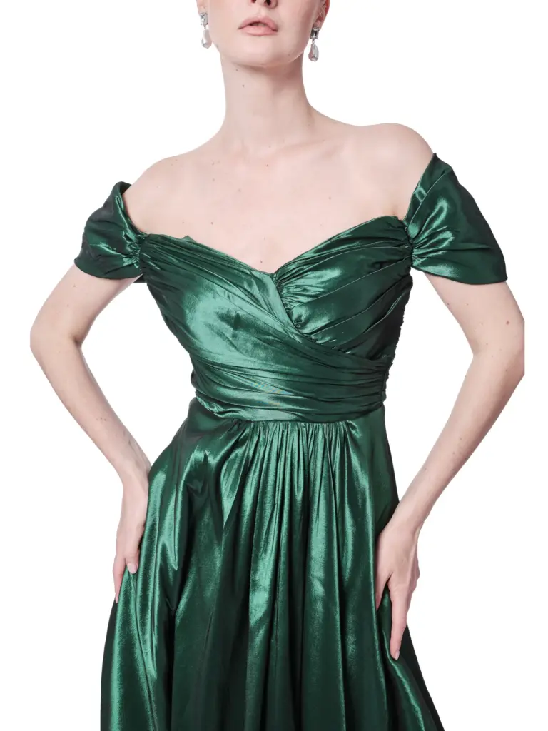 Off shoulder metallic gown A-line pleated