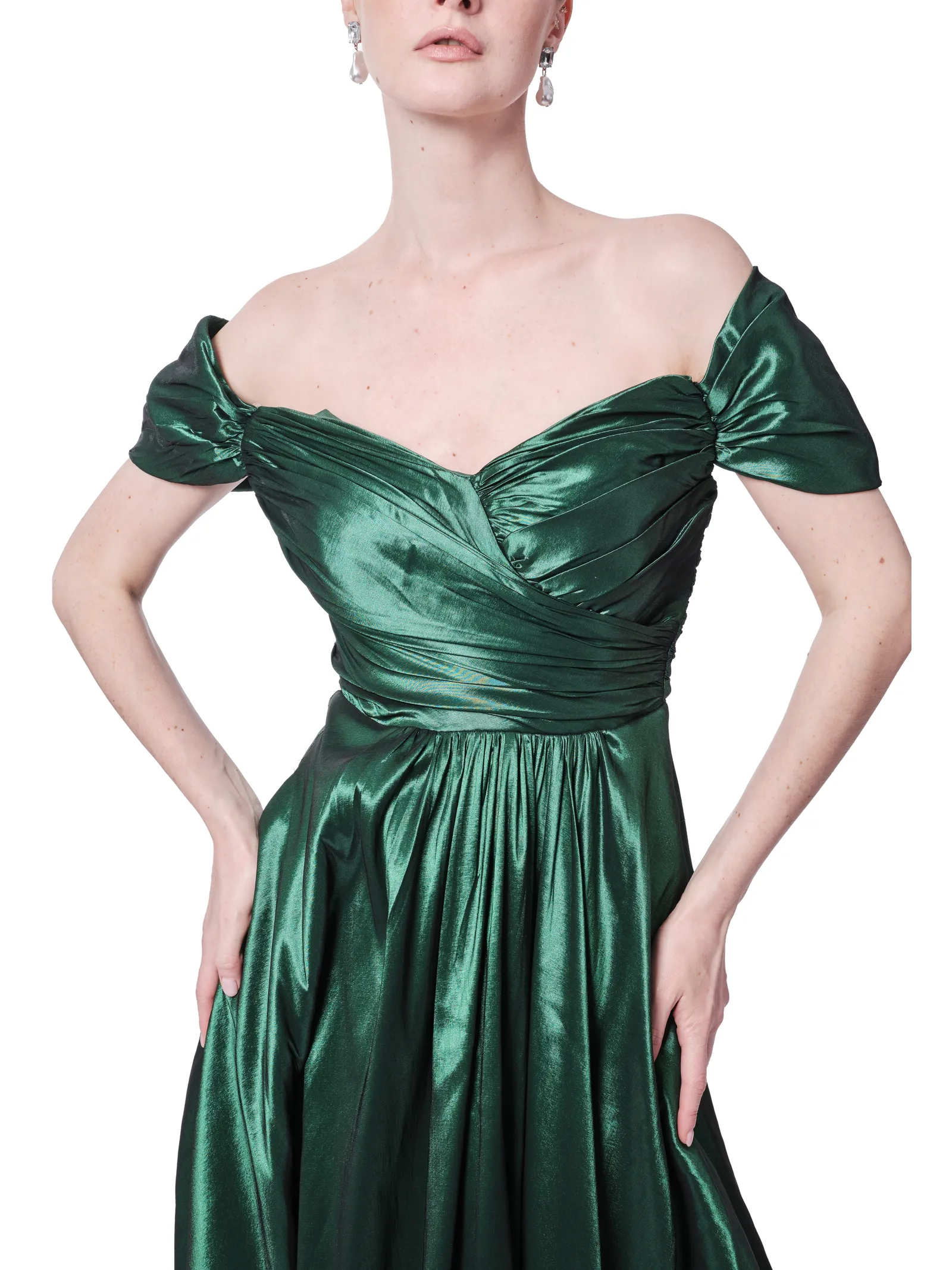 Off shoulder metallic gown A-line pleated