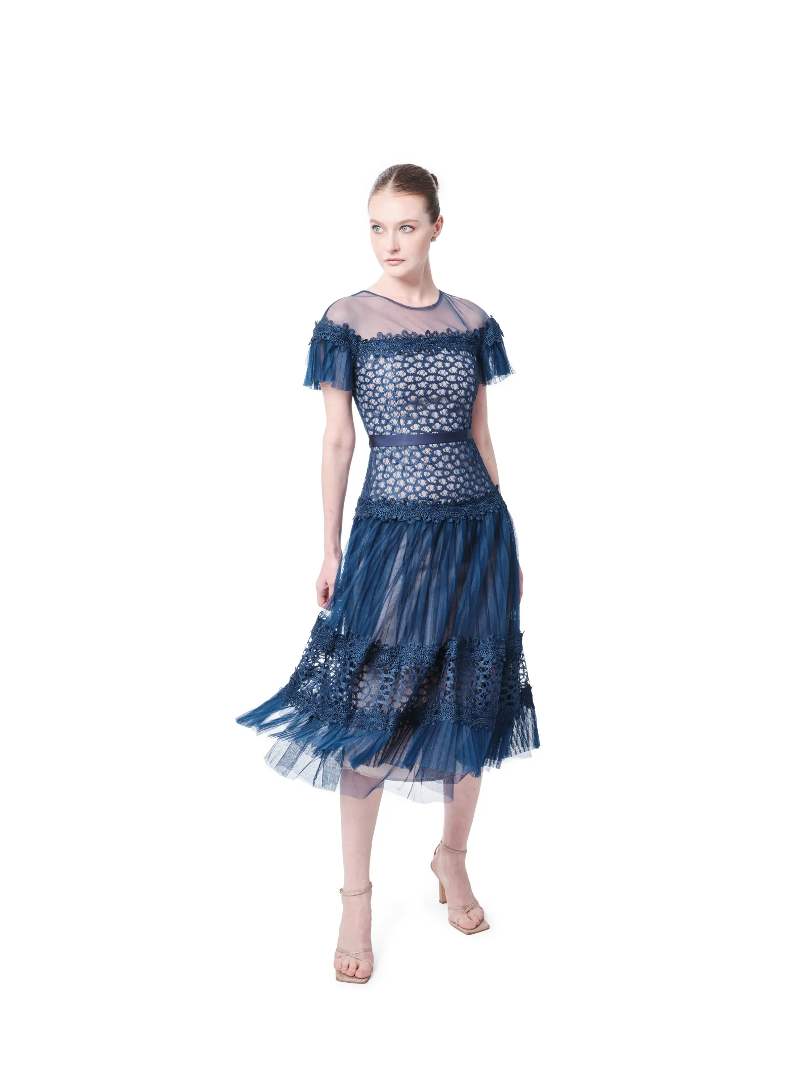 Off shoulder midi dress lace sheer overlay