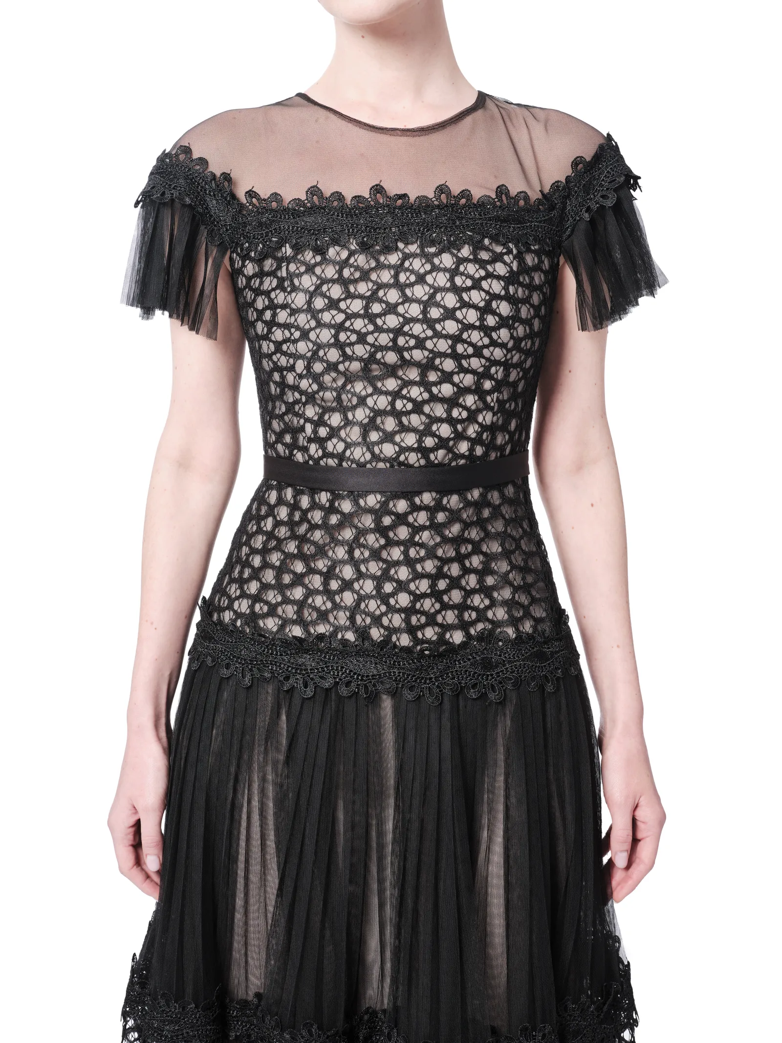 Off shoulder midi dress sheer lace ruffle