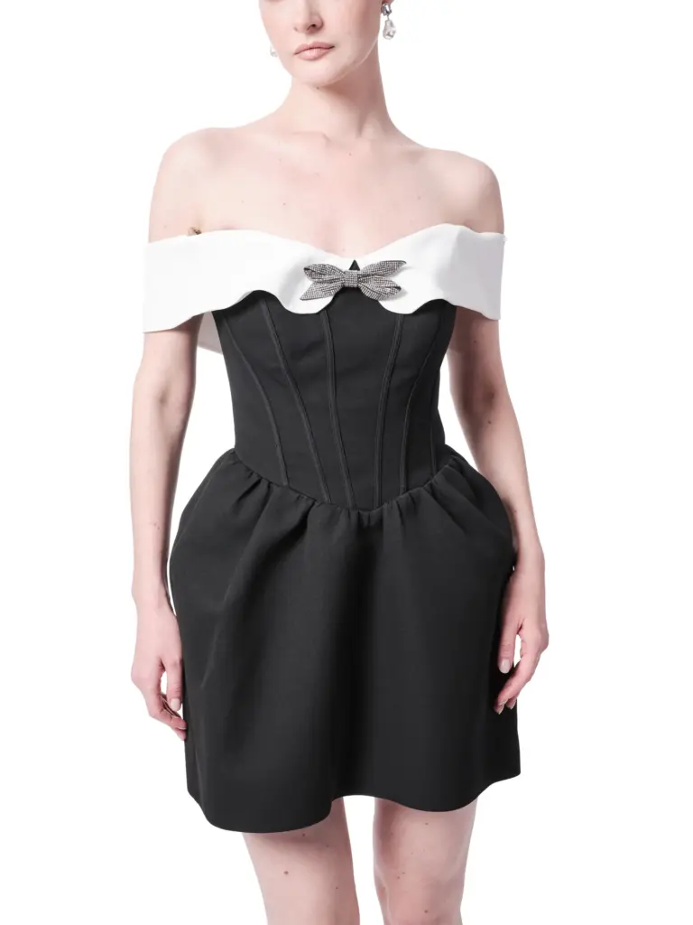 Off shoulder party dress two tone bow pleated skirt