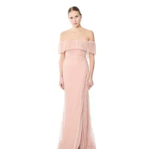 Off shoulder pleated evening dress with sheer overlay