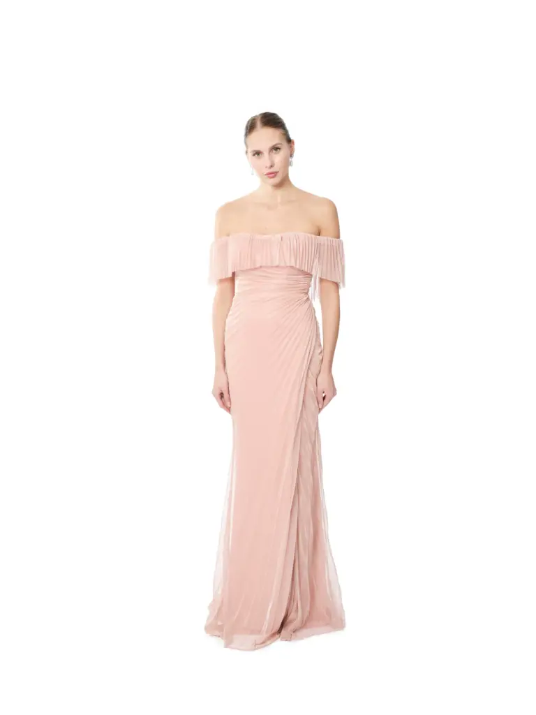 Off shoulder pleated evening dress with sheer overlay