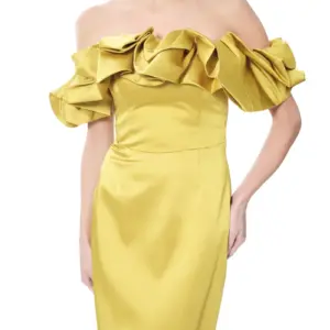 Off shoulder satin dress ruffle detail