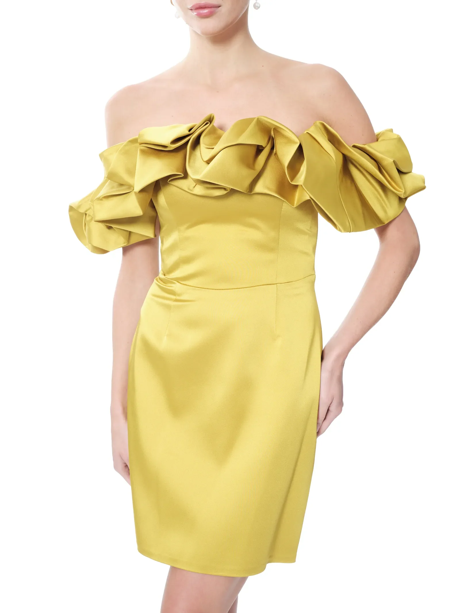 Off shoulder satin dress ruffle detail