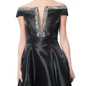 Off shoulder satin gown beaded V-neck pockets