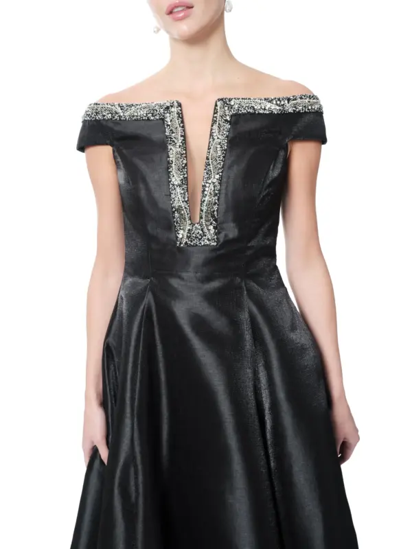 Off shoulder satin gown beaded V-neck pockets