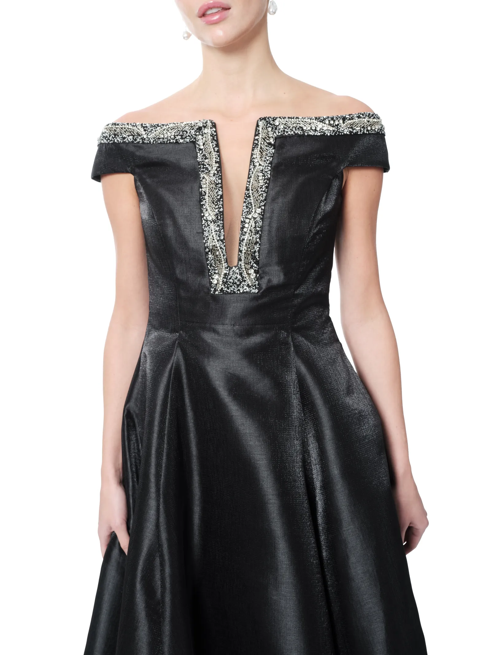 Off shoulder satin gown beaded V-neck pockets