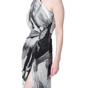 Floral Print One Shoulder Evening Gown Beaded Waist High Slit