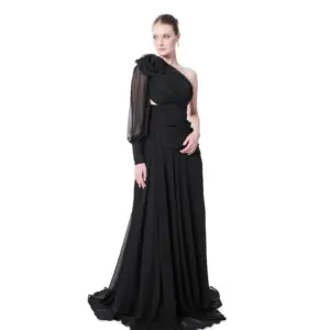 Floral One Shoulder Evening Gown Puffed Sleeve with High Slit