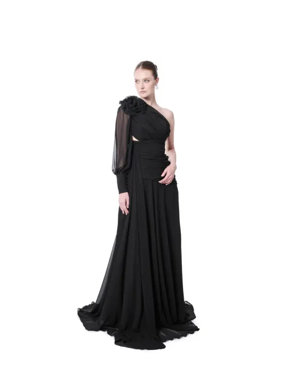Floral One Shoulder Evening Gown Puffed Sleeve with High Slit