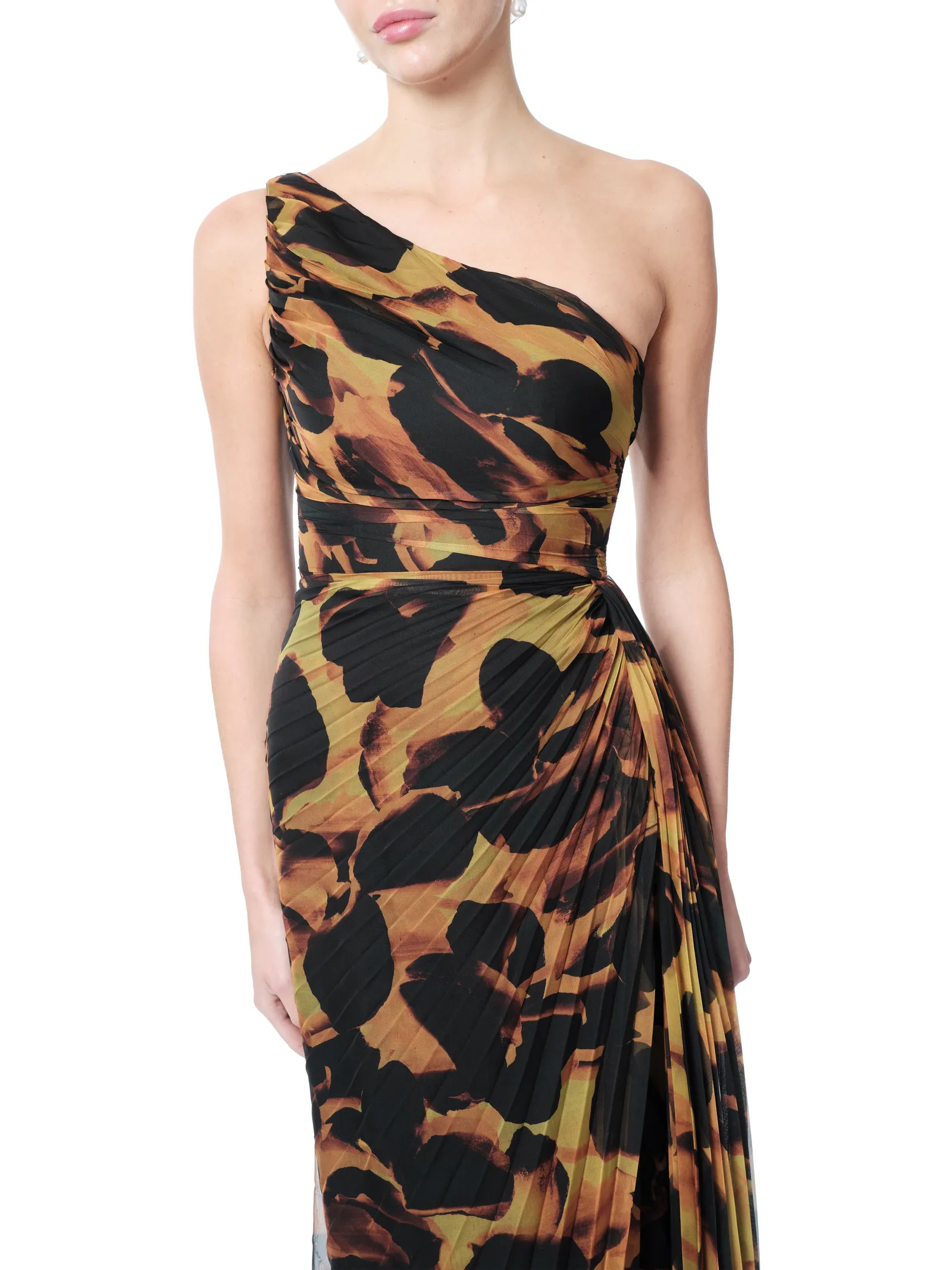 One shoulder dress pleated abstract high slit