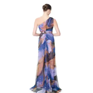 Floral Print One Shoulder Evening Gown Beaded Waist High Slit