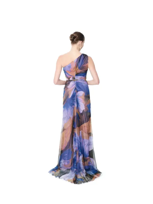 Floral Print One Shoulder Evening Gown Beaded Waist High Slit