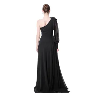 Floral One Shoulder Evening Gown Puffed Sleeve with High Slit