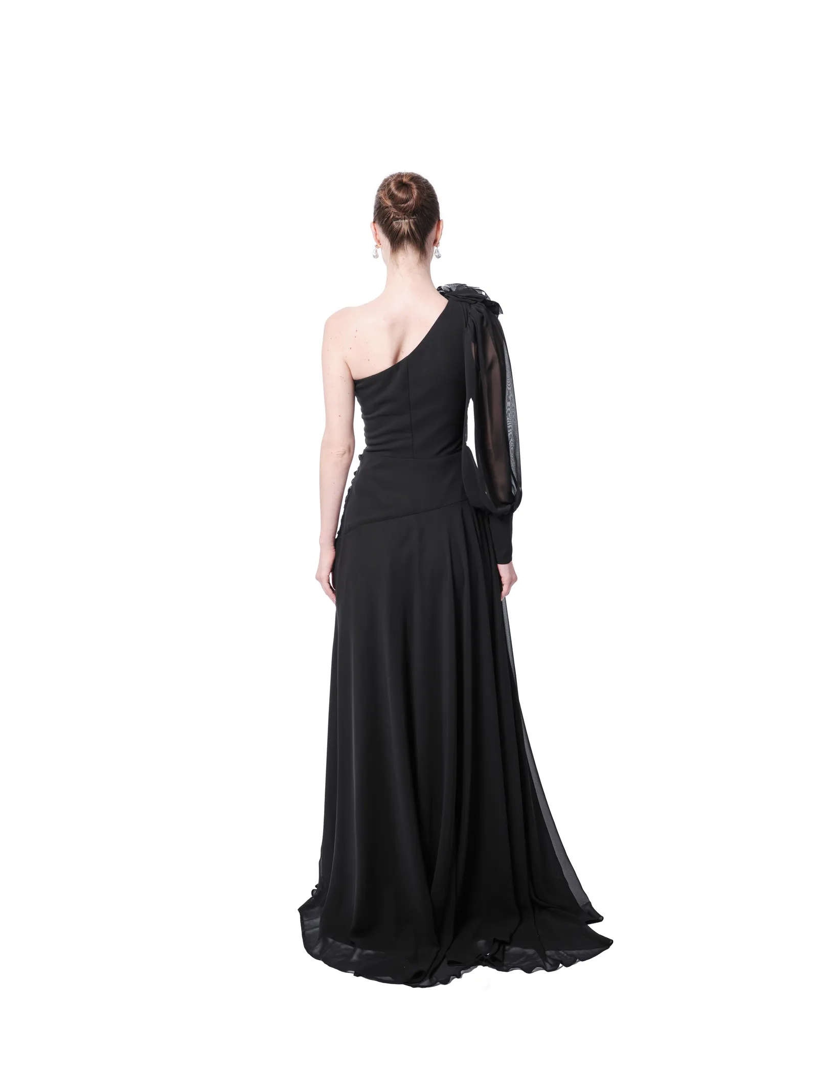 Floral One Shoulder Evening Gown Puffed Sleeve with High Slit