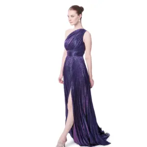 One shoulder evening dress glitter high slit