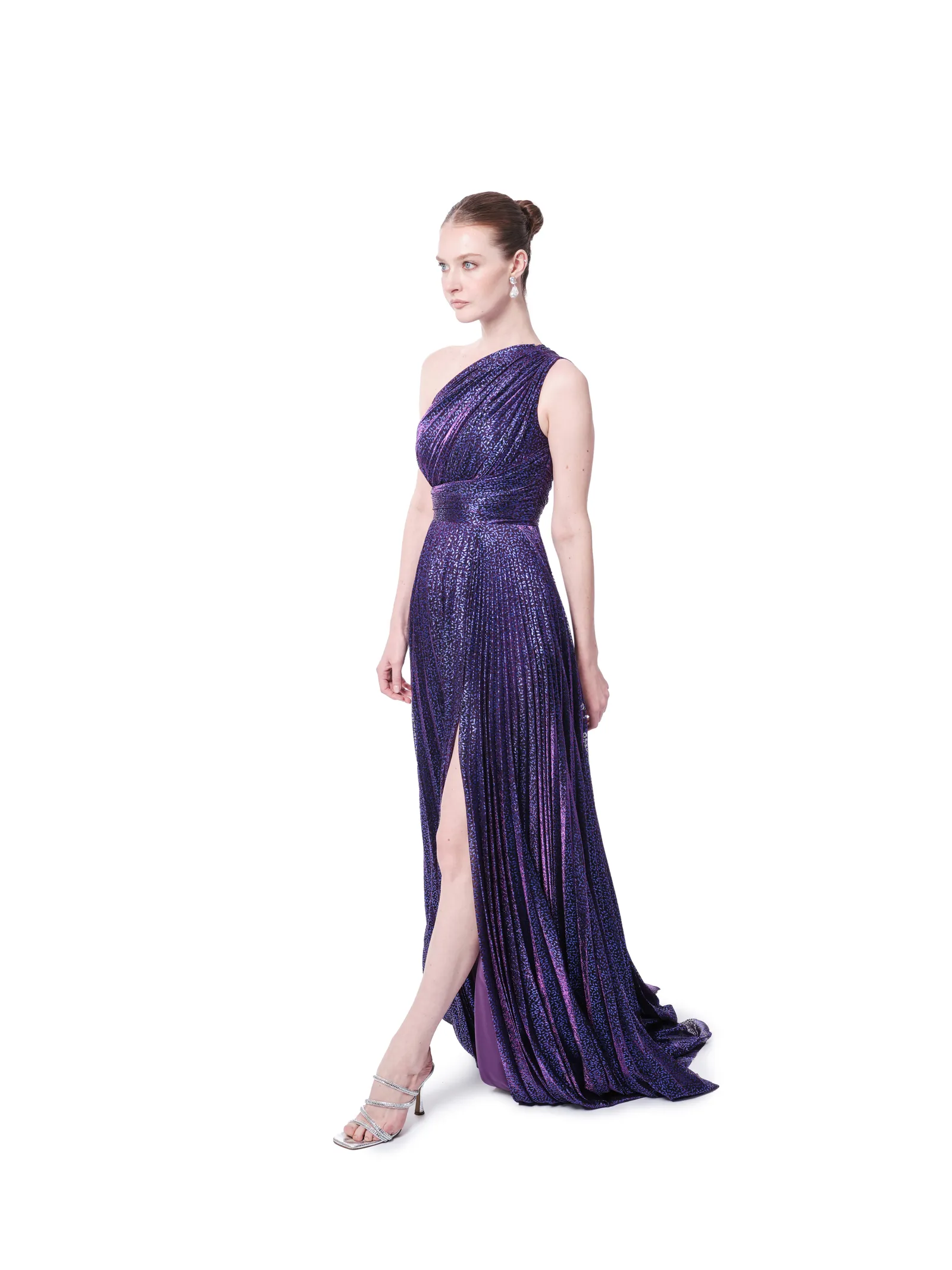 One shoulder evening dress glitter high slit