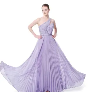 One shoulder long evening dress with pleated skirt and beaded detail