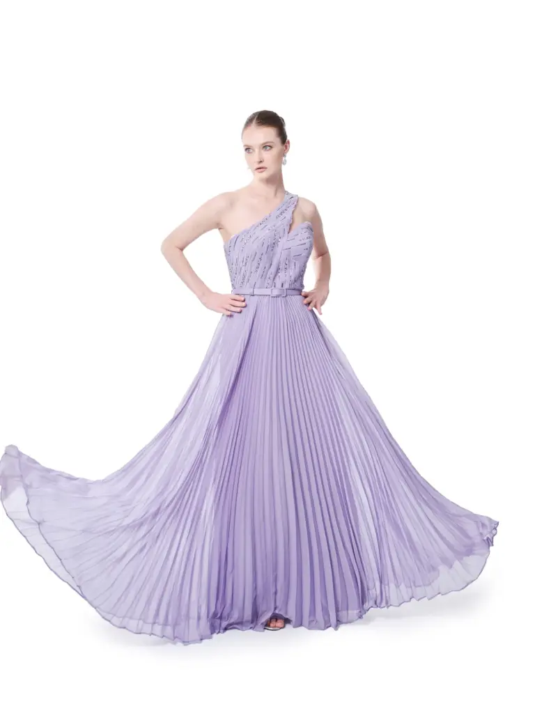 One shoulder long evening dress with pleated skirt and beaded detail